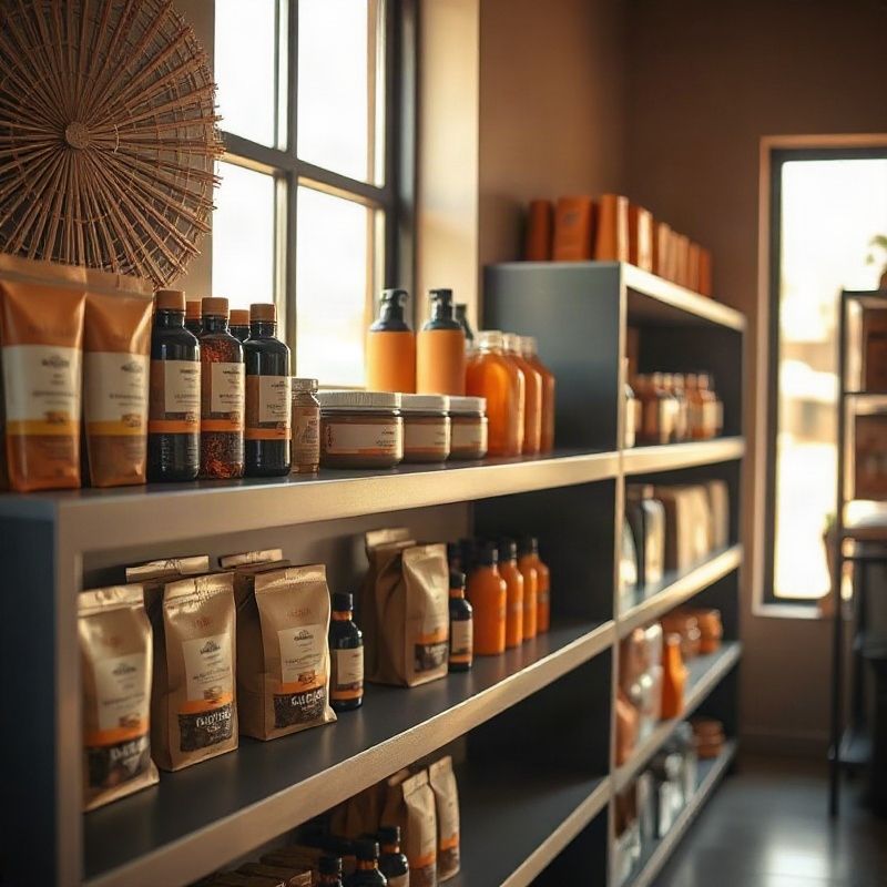 Neatly arranged products on slate-grey shelving inside Echoimint